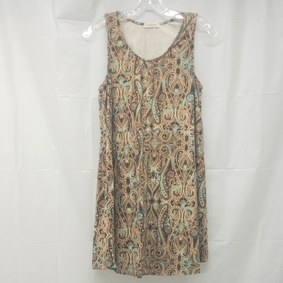 Viamor Dresses & Skirts - Midi Sundress Microsuede Sheath Dress Rich Swirly Print Brown Blue Contrast Boho